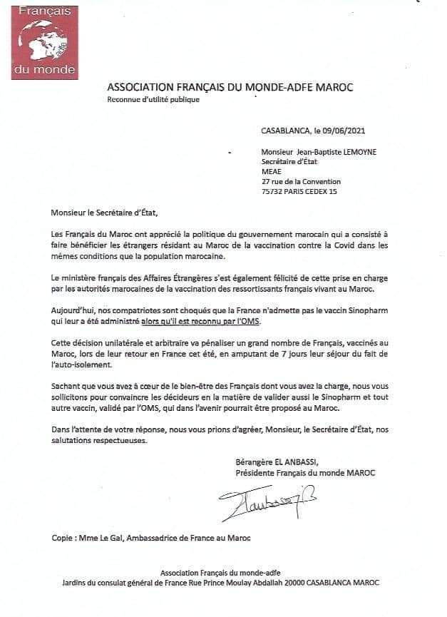 L'Association français du monde Maroc appelle la France à admettre la vaccin de Sinopharm L'Association français du monde Maroc appelle la France à admettre la vaccin de Sinopharm