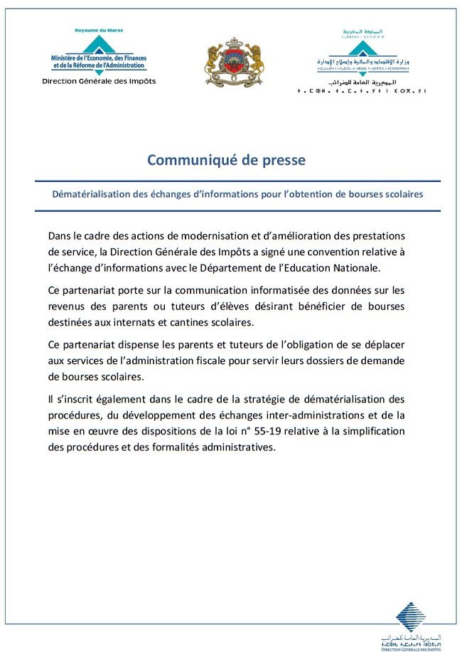 Dématérialisation des échanges d'informations pour l'obtention des bourses scolaires