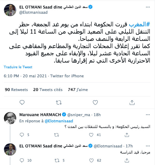 Allègement des restrictions: à compter de vendredi, cafés et restos ouverts jusqu'à 23H, couvre feu repoussé