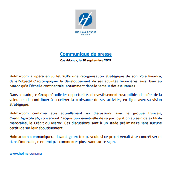 Holmarcom et Crédit du Maroc confirment des négociations &ldquo;au stade préliminaire&rdquo;